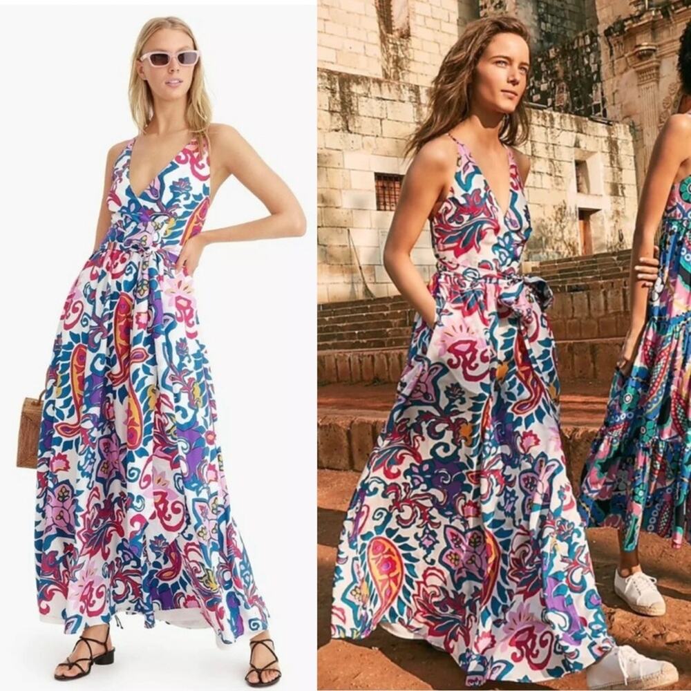 NWT NEW J.Crew Silk V-Neck Maxi Dress in Aja Ivory Painted Paisley Tie Waist